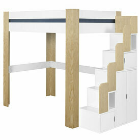 Pack lit mezzanine 2 places avec escalier, bureau et matelas Lex blanc et bois