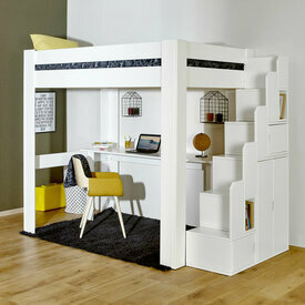 Ambiance du lit Pack lit mezzanine 2 places avec escalier, bureau et matelas Lex blanc