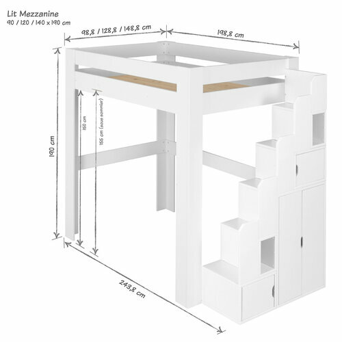 Schma dimensionnel lit mezzanine Lex blanc