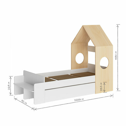 Schma dimensionnel - Pack lit cabane avec tiroir Sandro - Chne Clair et Blanc