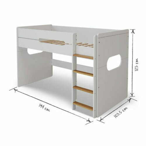 Schma dimensionnel - Lit mi-hauteur LEJI Blanc avec marches de l'chelle noisette